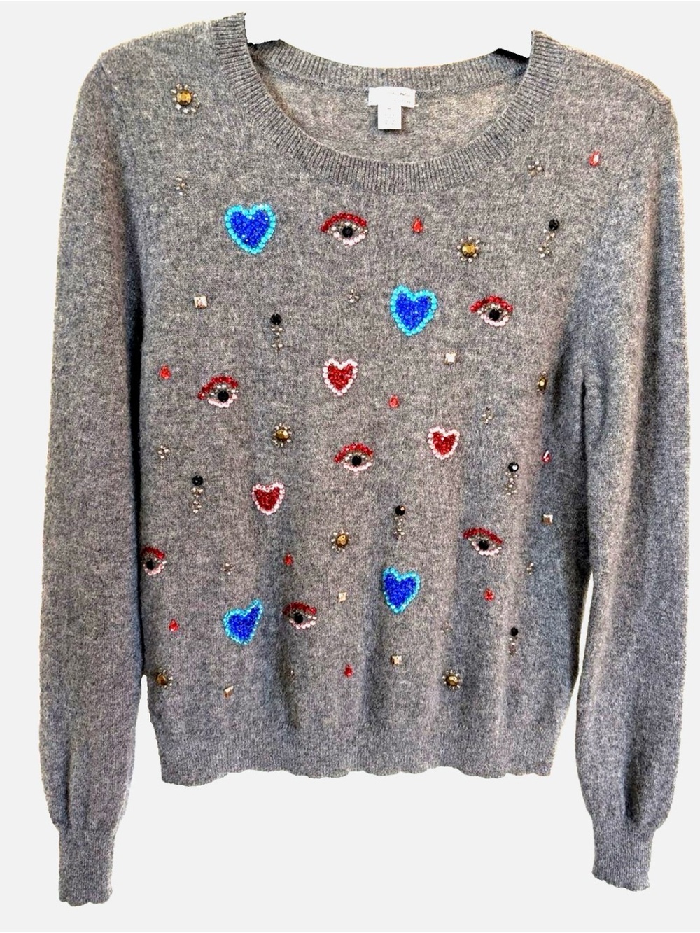 Halogen 100% Cashmere Sweater M Gray Rhinestone Hearts Evil Eye Embellished